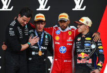 MONTE-CARLO, MONACO - JUNE 07: Race winner Andrea Kimi Antonelli of Italy and Mercedes AMG Petronas F1 Team, Second placed Lewis Hamilton of Great Britain and Scuderia Ferrari, Third placed Isack Hadjar of France and Oracle Red Bull Racing and Toto Wolff, Executive Director of Mercedes AMG Petronas F1 Team celebrate on the podium during the F1 Grand Prix of Monaco at Circuit de Monaco on June 07, 2026 in Monte-Carlo, Monaco. (Photo by