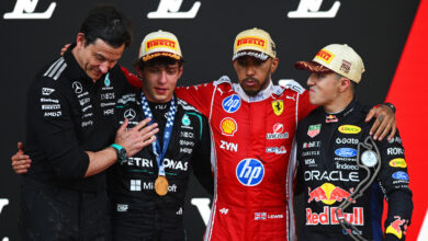 MONTE-CARLO, MONACO - JUNE 07: Race winner Andrea Kimi Antonelli of Italy and Mercedes AMG Petronas F1 Team, Second placed Lewis Hamilton of Great Britain and Scuderia Ferrari, Third placed Isack Hadjar of France and Oracle Red Bull Racing and Toto Wolff, Executive Director of Mercedes AMG Petronas F1 Team celebrate on the podium during the F1 Grand Prix of Monaco at Circuit de Monaco on June 07, 2026 in Monte-Carlo, Monaco. (Photo by