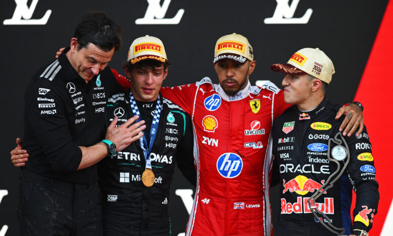 MONTE-CARLO, MONACO - JUNE 07: Race winner Andrea Kimi Antonelli of Italy and Mercedes AMG Petronas F1 Team, Second placed Lewis Hamilton of Great Britain and Scuderia Ferrari, Third placed Isack Hadjar of France and Oracle Red Bull Racing and Toto Wolff, Executive Director of Mercedes AMG Petronas F1 Team celebrate on the podium during the F1 Grand Prix of Monaco at Circuit de Monaco on June 07, 2026 in Monte-Carlo, Monaco. (Photo by