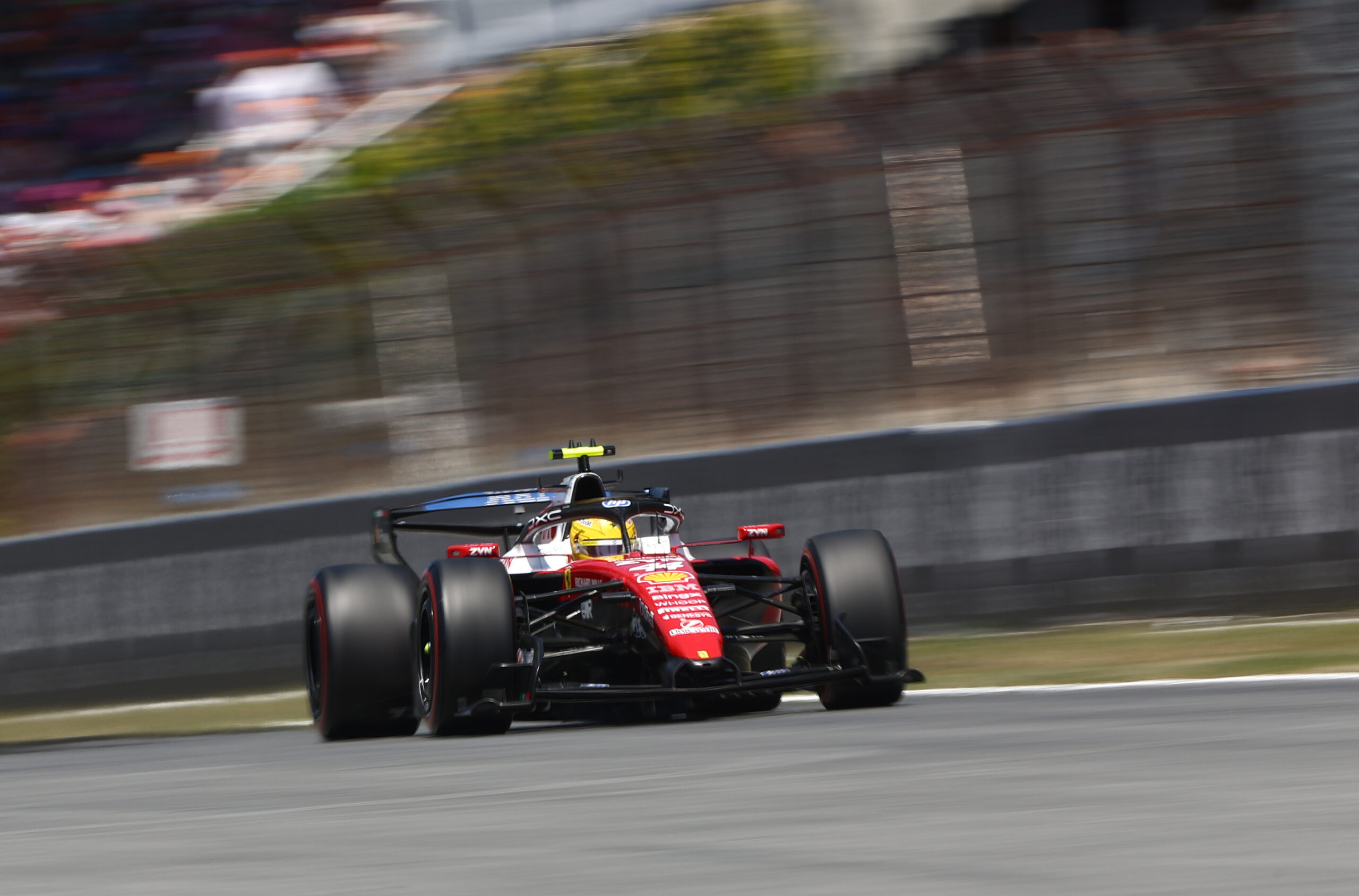 BARCELONA, SPAIN - JUNE 14: Lewis Hamilton of Great Britain driving the (44) Scuderia Ferrari SF-26 on track during the F1 Grand Prix of Barcelona-Catalunya at Circuit de Barcelona-Catalunya on June 14, 2026 in Barcelona, Spain. (Photo by