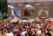Oliver Solberg of Sweden and Elliott Edmondson of United Kingdom, with Ott Tänak of Estonia and Martin Järveoja of Estonia and of Hyundai Shell Mobis World Rally Team in second place, Thierry Neuville of Belgium and Martijn Wydaeghe of Belgium and Hyundai Shell Mobis World Rally Team in third place, celebrate their win at the World Rally Championship in Tartu, Estonia on July 20, 2025 //