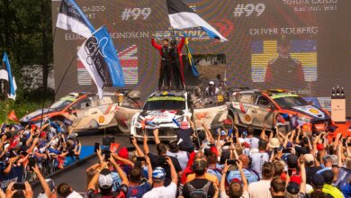 Oliver Solberg of Sweden and Elliott Edmondson of United Kingdom, with Ott Tänak of Estonia and Martin Järveoja of Estonia and of Hyundai Shell Mobis World Rally Team in second place, Thierry Neuville of Belgium and Martijn Wydaeghe of Belgium and Hyundai Shell Mobis World Rally Team in third place, celebrate their win at the World Rally Championship in Tartu, Estonia on July 20, 2025 //