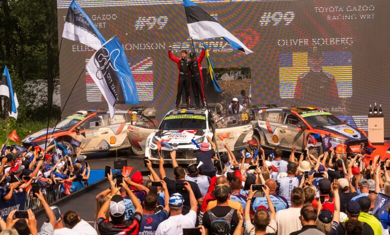 Oliver Solberg of Sweden and Elliott Edmondson of United Kingdom, with Ott Tänak of Estonia and Martin Järveoja of Estonia and of Hyundai Shell Mobis World Rally Team in second place, Thierry Neuville of Belgium and Martijn Wydaeghe of Belgium and Hyundai Shell Mobis World Rally Team in third place, celebrate their win at the World Rally Championship in Tartu, Estonia on July 20, 2025 //