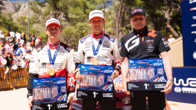 Sébastien Ogier (FRA) and Vincent Landais (FRA) of team TOYOTA GAZOO RACING WRT celebrate on the podium in first place after winning the WRC Rally1 category at EKO Acropolis Rally Greece in Loutraki, Greece on June 28, 2026. //