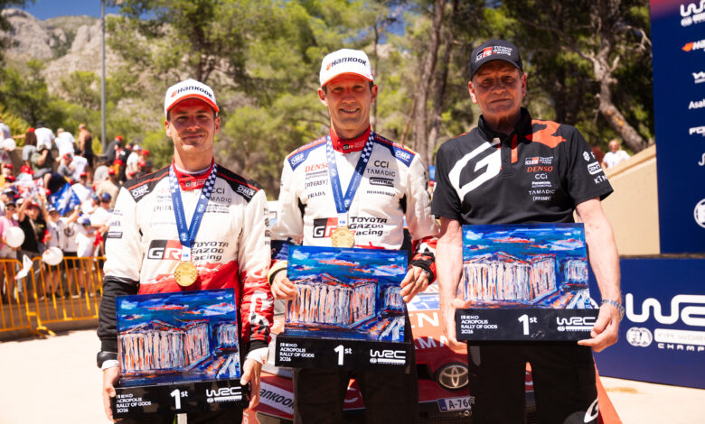 Sébastien Ogier (FRA) and Vincent Landais (FRA) of team TOYOTA GAZOO RACING WRT celebrate on the podium in first place after winning the WRC Rally1 category at EKO Acropolis Rally Greece in Loutraki, Greece on June 28, 2026. //