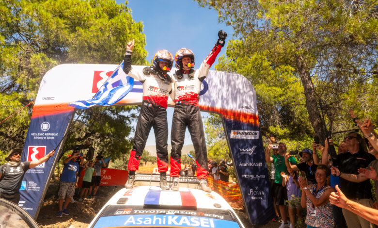 Sébastien Ogier (FRA), Vincent Landais (FRA) Of team TOYOTA GAZOO RACING WRT celebrate on the podium in first place after winning the WRC Rally1 category at EKO Acropolis Rally Greece in Loutraki, Greece on 28.06.2026 //