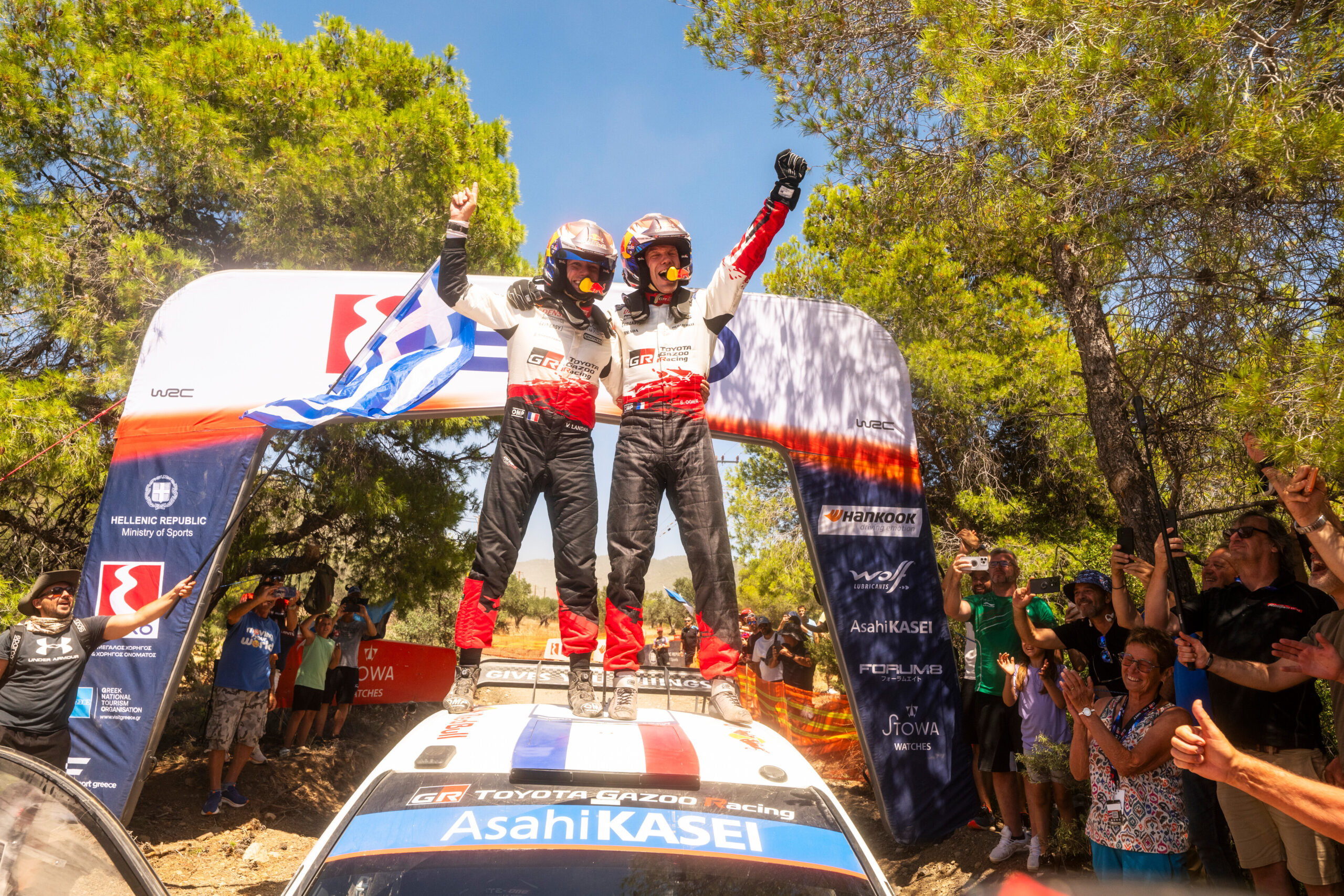 Sébastien Ogier (FRA), Vincent Landais (FRA) Of team TOYOTA GAZOO RACING WRT celebrate on the podium in first place after winning the WRC Rally1 category at EKO Acropolis Rally Greece in Loutraki, Greece on 28.06.2026 //