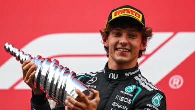 SPA, BELGIUM - JULY 19: Race winner Andrea Kimi Antonelli of Italy and Mercedes AMG Petronas F1 Team celebrates on the podium during the F1 Grand Prix of Belgium at Circuit de Spa-Francorchamps on July 19, 2026 in Spa, Belgium. (Photo by