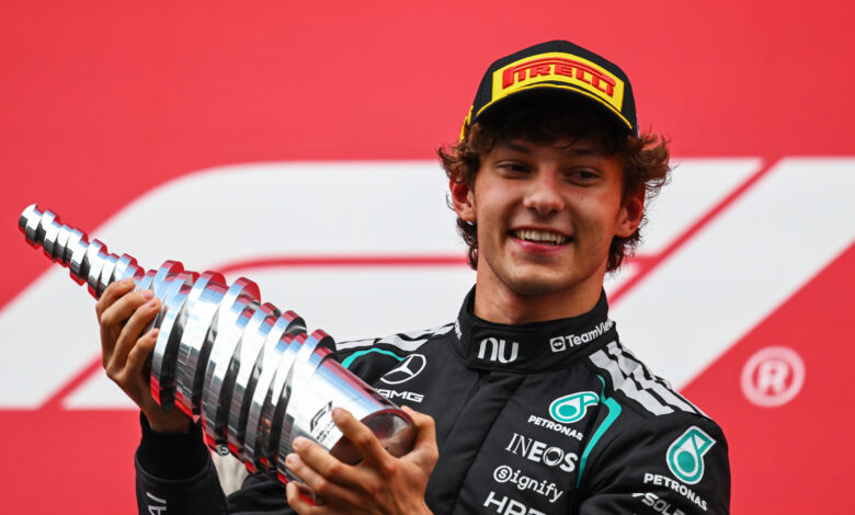 SPA, BELGIUM - JULY 19: Race winner Andrea Kimi Antonelli of Italy and Mercedes AMG Petronas F1 Team celebrates on the podium during the F1 Grand Prix of Belgium at Circuit de Spa-Francorchamps on July 19, 2026 in Spa, Belgium. (Photo by