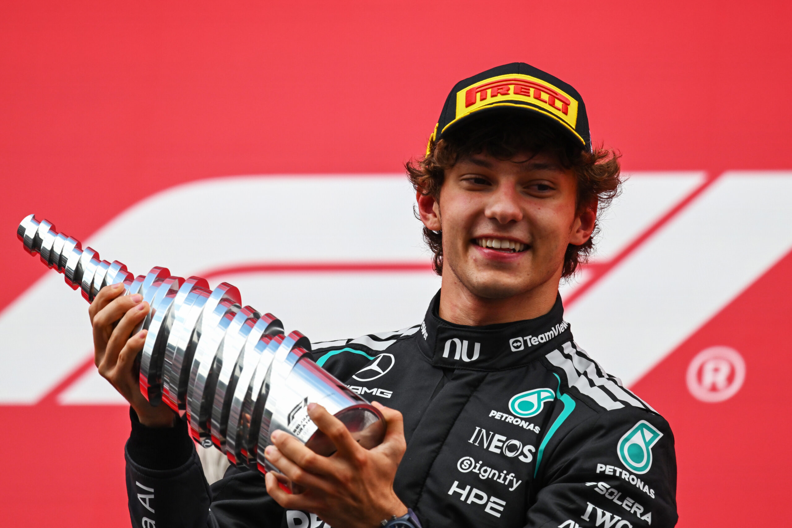 SPA, BELGIUM - JULY 19: Race winner Andrea Kimi Antonelli of Italy and Mercedes AMG Petronas F1 Team celebrates on the podium during the F1 Grand Prix of Belgium at Circuit de Spa-Francorchamps on July 19, 2026 in Spa, Belgium. (Photo by