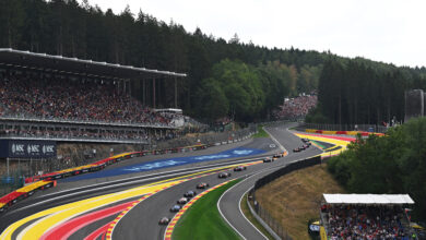 SPA, BELGIUM - JULY 19: Max Verstappen of the Netherlands driving the (3) Oracle Red Bull Racing RB22 Red Bull Ford leads Andrea Kimi Antonelli of Italy driving the (12) Mercedes AMG Petronas F1 Team W17 and George Russell of Great Britain driving the (63) Mercedes AMG Petronas F1 Team W17 on track during the F1 Grand Prix of Belgium at Circuit de Spa-Francorchamps on July 19, 2026 in Spa, Belgium. (Photo by