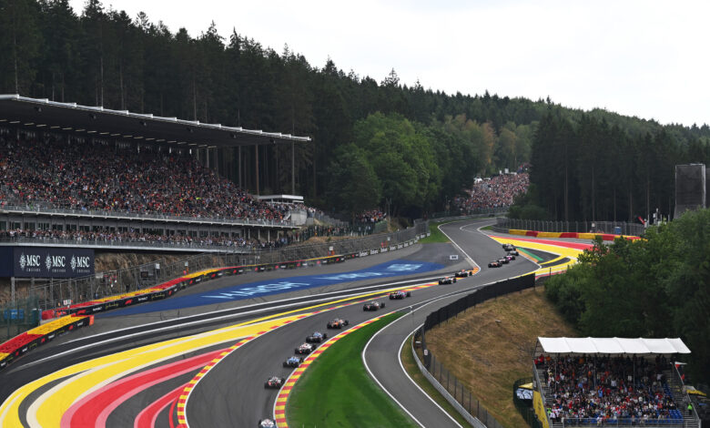 SPA, BELGIUM - JULY 19: Max Verstappen of the Netherlands driving the (3) Oracle Red Bull Racing RB22 Red Bull Ford leads Andrea Kimi Antonelli of Italy driving the (12) Mercedes AMG Petronas F1 Team W17 and George Russell of Great Britain driving the (63) Mercedes AMG Petronas F1 Team W17 on track during the F1 Grand Prix of Belgium at Circuit de Spa-Francorchamps on July 19, 2026 in Spa, Belgium. (Photo by