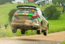 Grzegorz Bonder of Poland and Łukasz Jastrzębski of Poland perform during the World Rally Championship in Tartu, Estonia on July 20, 2025 //