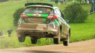 Grzegorz Bonder of Poland and Łukasz Jastrzębski of Poland perform during the World Rally Championship in Tartu, Estonia on July 20, 2025 //