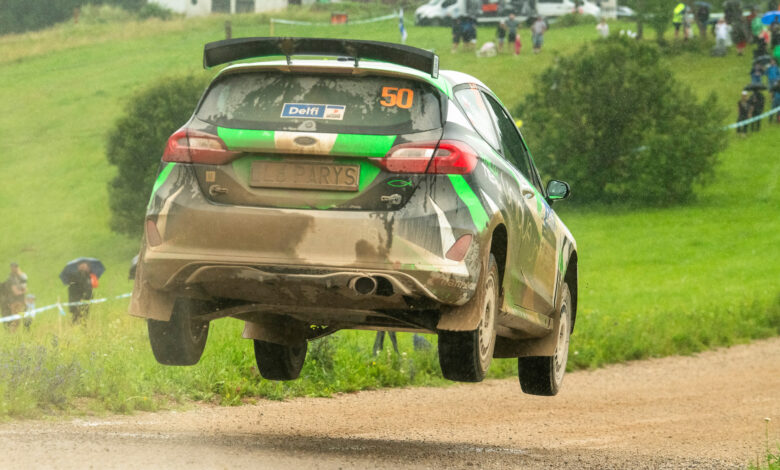 Grzegorz Bonder of Poland and Łukasz Jastrzębski of Poland perform during the World Rally Championship in Tartu, Estonia on July 20, 2025 //