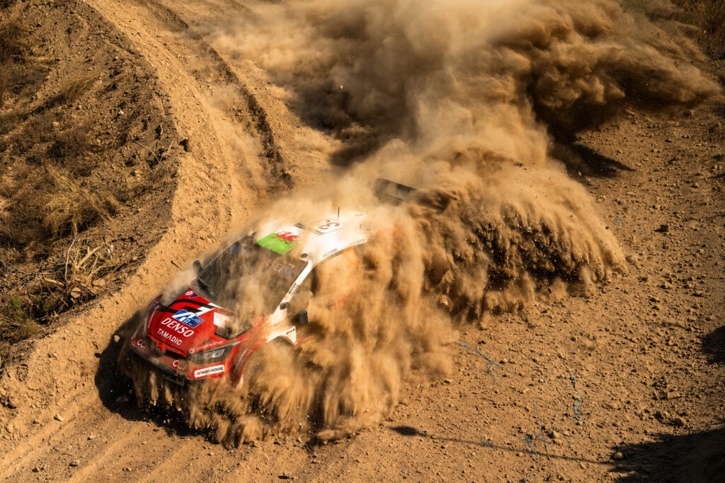 Elfyn Evans (GBR) and Scott Martin (GBR) of team TOYOTA GAZOO RACING WRT seen during Stop 8 of the FIA World Rally Championship 2026 in Lutraki, Greece on June 25, 2026. //