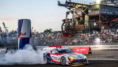 Piotr Wiecek performs during the sixth stop of the Drift Masters European Championship at Ferropolis park in Graefenhainichen, Germany on August 15, 2026. /