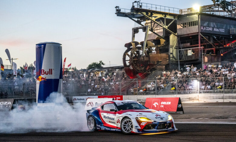 Piotr Wiecek performs during the sixth stop of the Drift Masters European Championship at Ferropolis park in Graefenhainichen, Germany on August 15, 2026. /