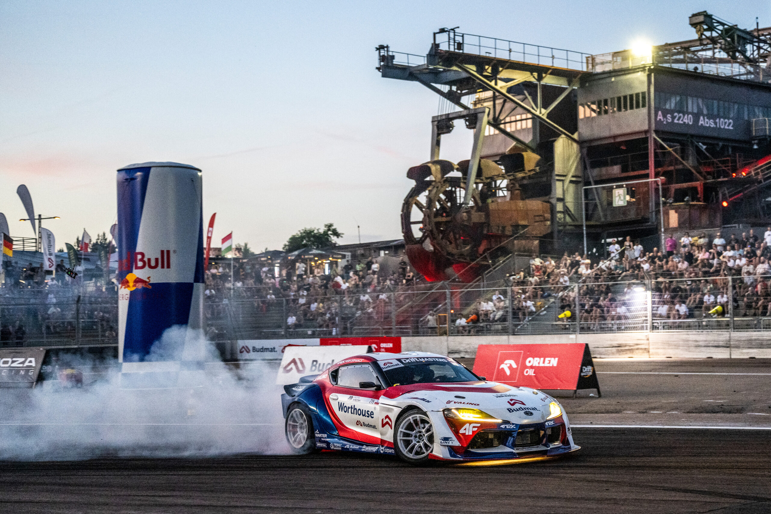 Piotr Wiecek performs during the sixth stop of the Drift Masters European Championship at Ferropolis park in Graefenhainichen, Germany on August 15, 2026. /