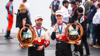 Sami Pajari (FIN), Marko Salminen (FIN) Of team TOYOTA GAZOO RACING WRT2 celebrate on the podium in first place after winning the WRC Rally1 category at ueno Rally del Paraguay in Encarnación, Paraguay on 30.08.2026. //