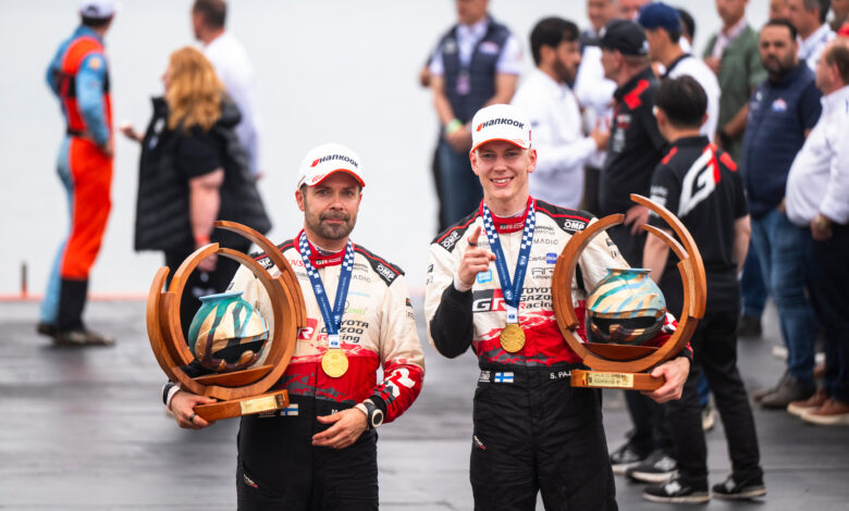 Sami Pajari (FIN), Marko Salminen (FIN) Of team TOYOTA GAZOO RACING WRT2 celebrate on the podium in first place after winning the WRC Rally1 category at ueno Rally del Paraguay in Encarnación, Paraguay on 30.08.2026. //