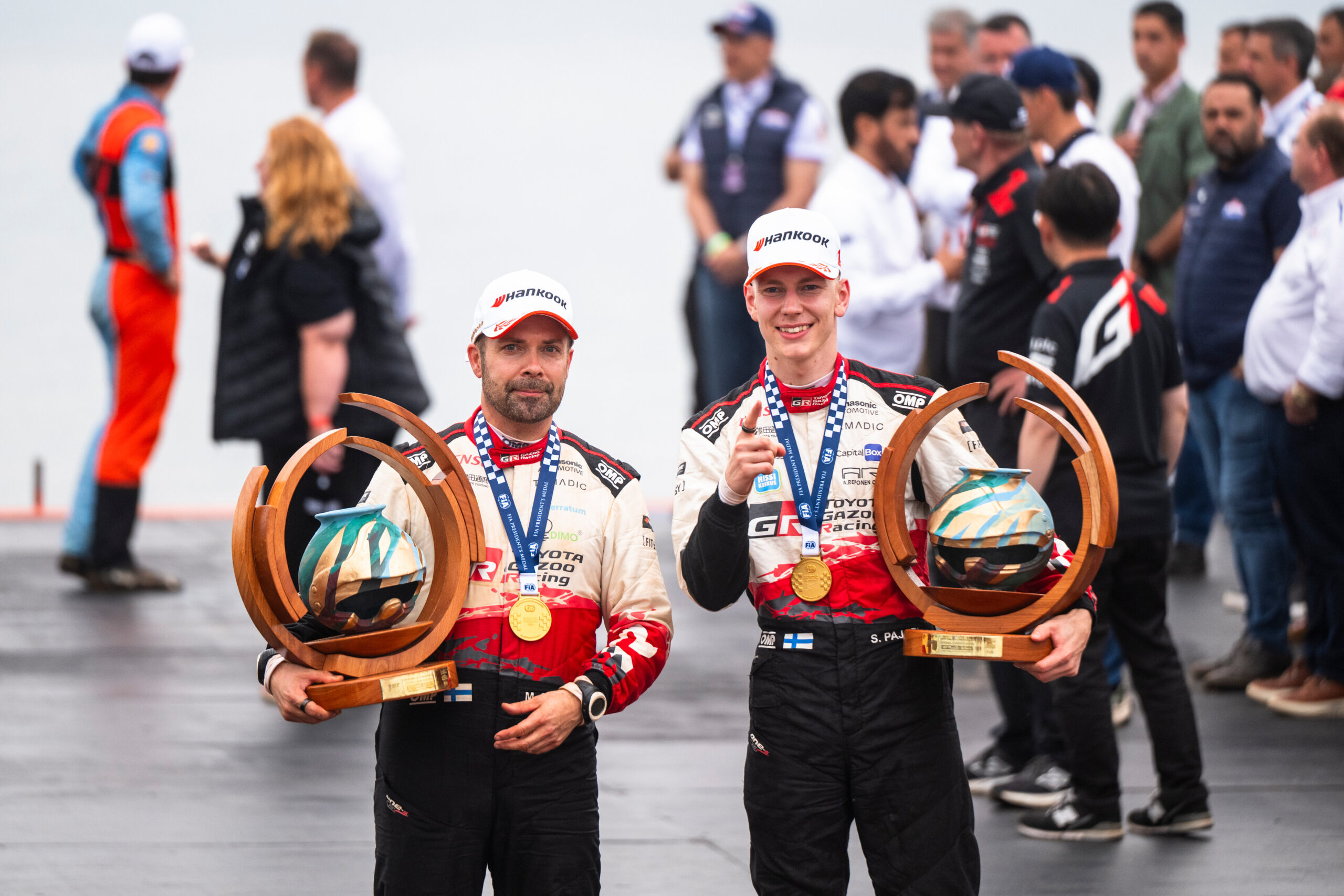 Sami Pajari (FIN), Marko Salminen (FIN) Of team TOYOTA GAZOO RACING WRT2 celebrate on the podium in first place after winning the WRC Rally1 category at ueno Rally del Paraguay in Encarnación, Paraguay on 30.08.2026. //