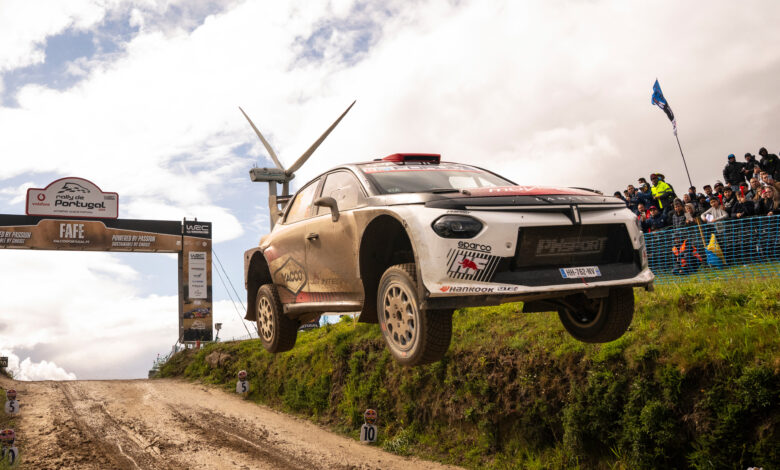 Nikolay Gryazin (BUL) and Konstantin Aleksandrov of team LANCIA CORSE HF seen during Stop 6 of the FIA World Rally Championship in Porto, Portugal on May 10, 2026. //