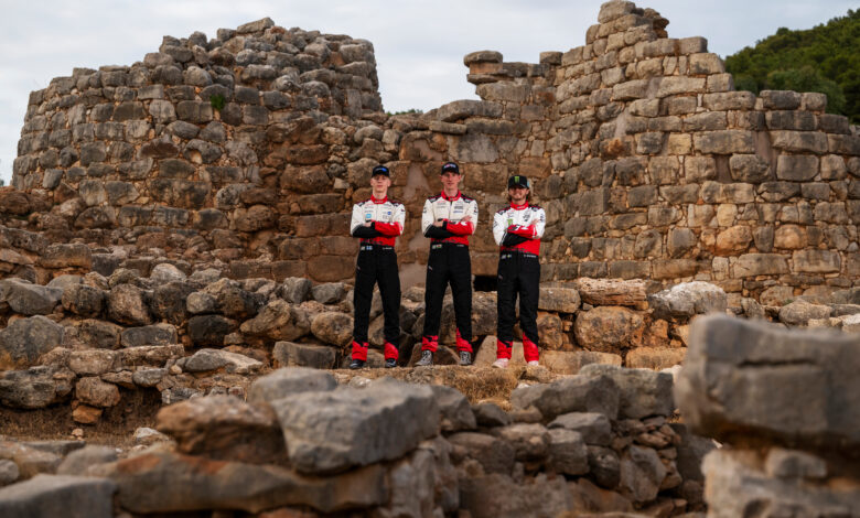 Elfyn Evans (GBR) of team TOYOTA GAZOO RACING WRT , Sami Pajari (FIN) of team TOYOTA GAZOO RACING WRT2 and Oliver Solberg (SWE) of team TOYOTA GAZOO RACING WRT pose for a photo during Stop 13 of the FIA World Rally Championship in Alghero, Italy on October 1, 2026. //